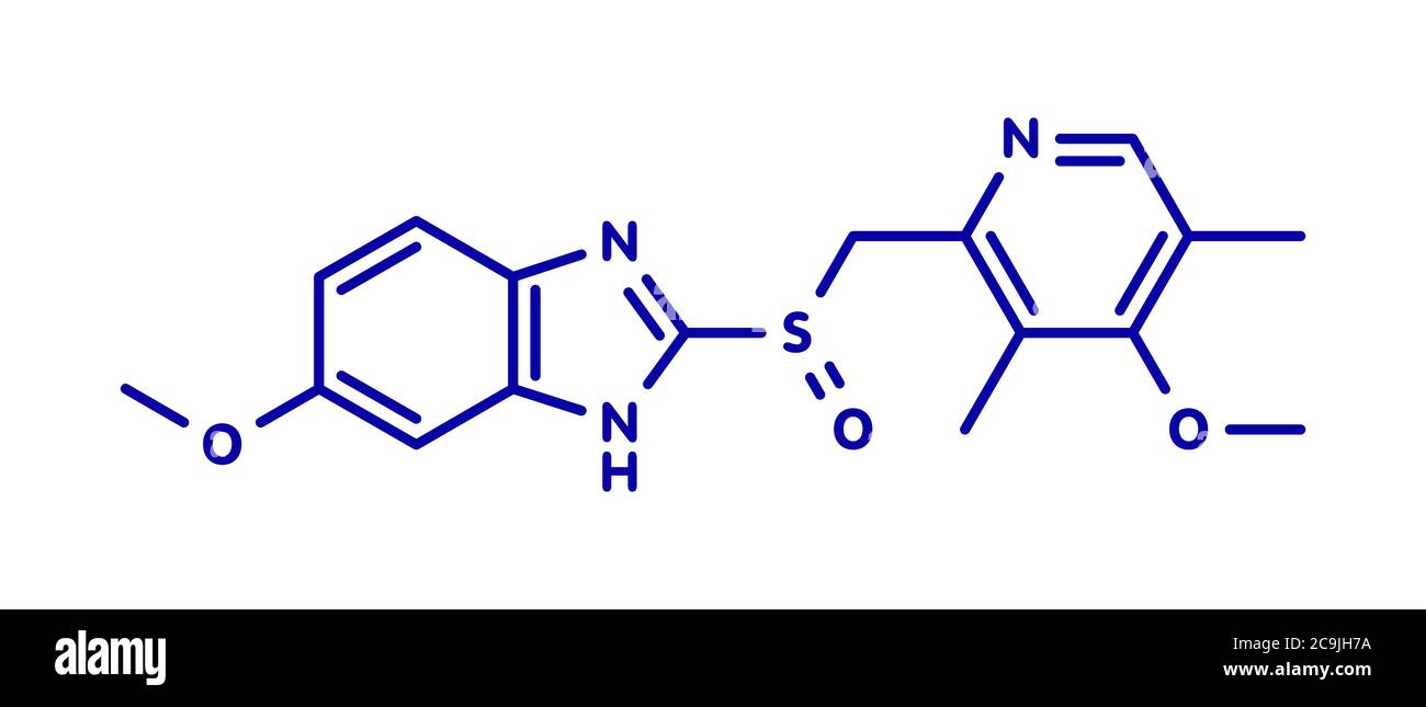 Omeprazol Dyspepsie und Peptic Ulcer Disease Drug (Protonenpumpeninhibitor) Molekül. Blaue Skelettformel auf weißem Hintergrund. Stockfoto