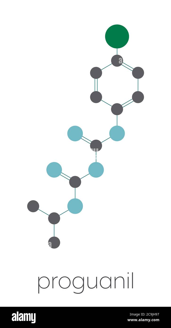 Proguanil prophylaktisches Malariamolekül. Stilisierte Skelettformel (chemische Struktur). Atome werden als farbcodierte Kreise dargestellt, die durch dünne Verbindungen verbunden sind Stockfoto