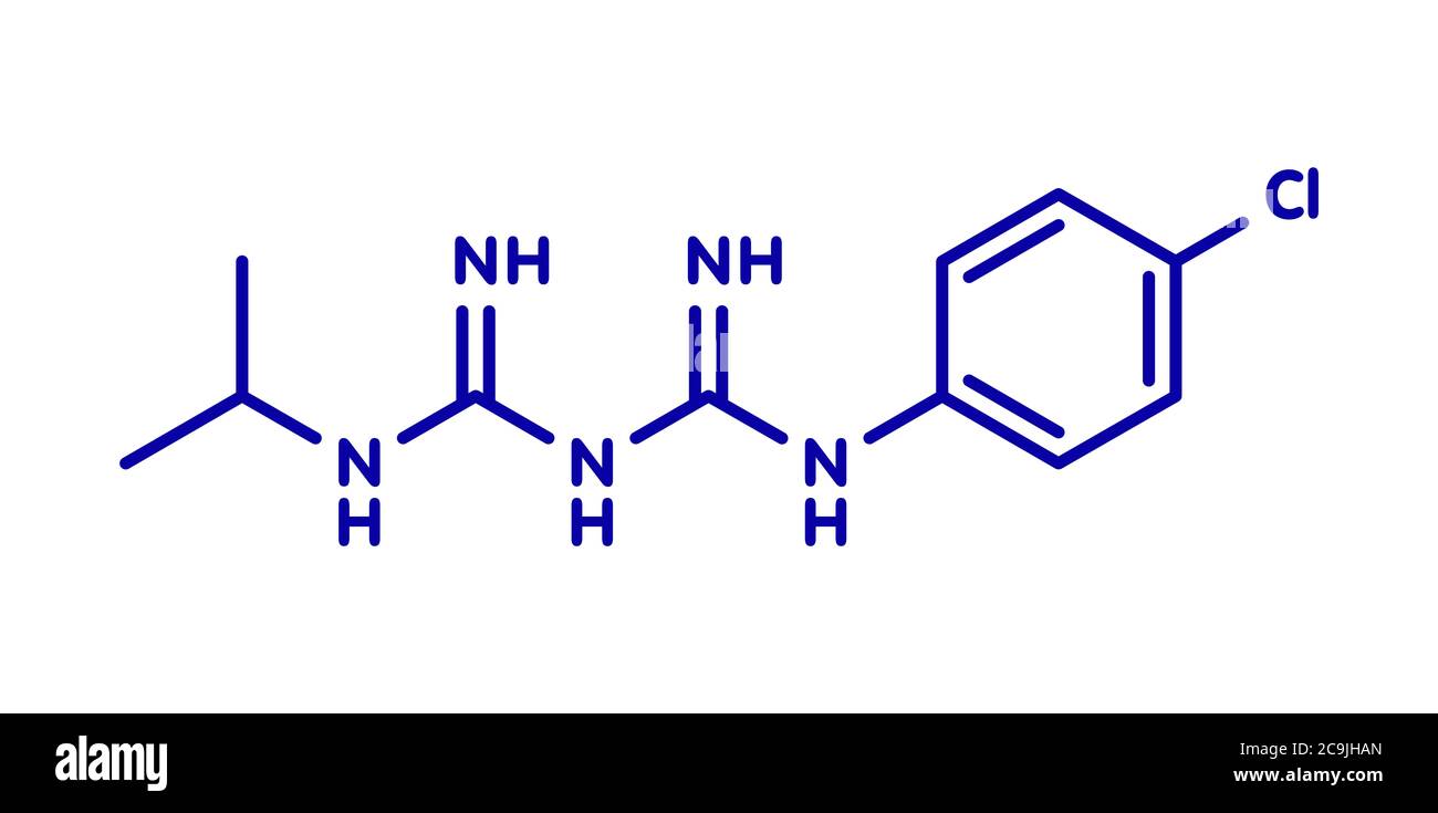 Proguanil prophylaktisches Malariamolekül. Blaue Skelettformel auf weißem Hintergrund. Stockfoto