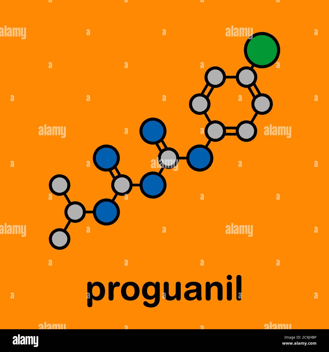 Proguanil prophylaktisches Malariamolekül. Stilisierte Skelettformel (chemische Struktur). Atome werden als farbcodierte Kreise mit dickem Schwarz dargestellt Stockfoto