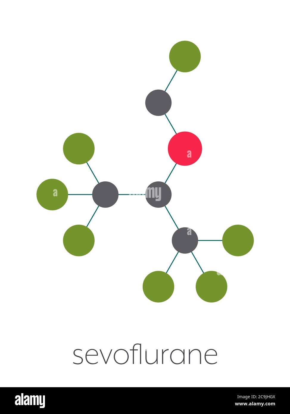 Sevofluran-Inhalationsanästhetikum-Molekül. Stilisierte Skelettformel (chemische Struktur). Atome werden als farbcodierte Kreise dargestellt, die durch dünne Verbindungen verbunden sind Stockfoto
