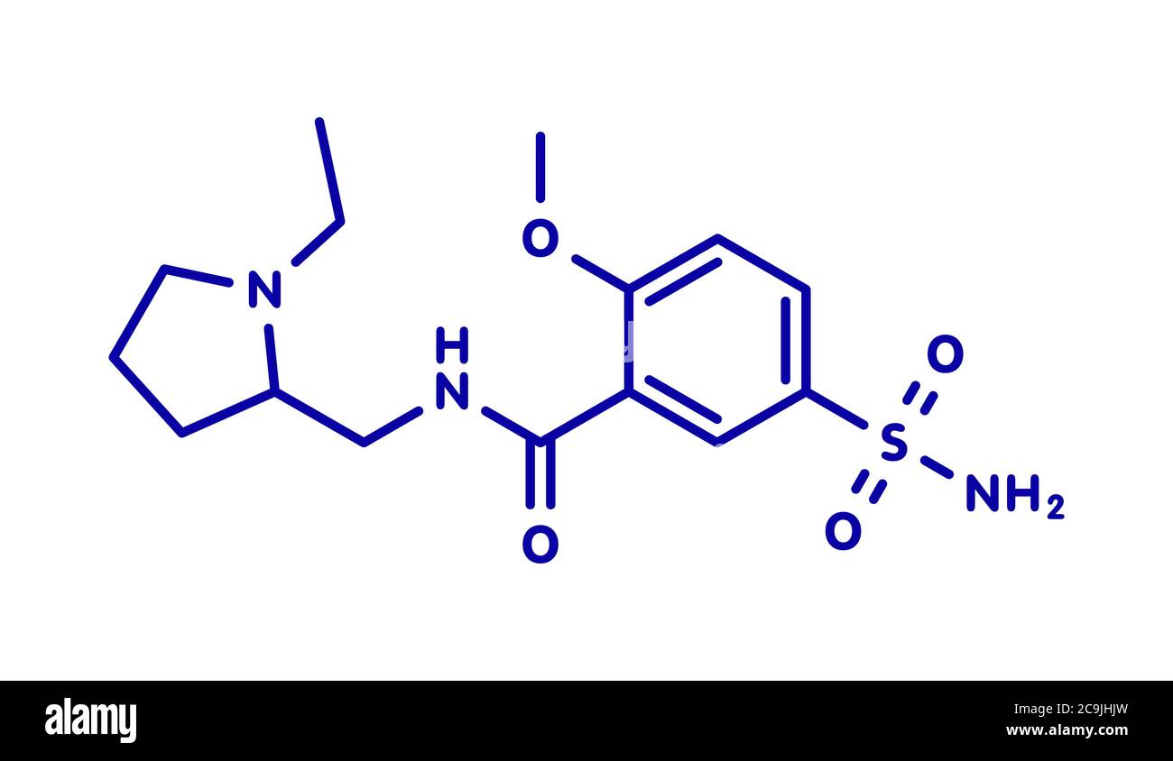 Sulpiride antipsychotisches (neuroleptisches) Wirkstoffmolekül. Blaue Skelettformel auf weißem Hintergrund. Stockfoto