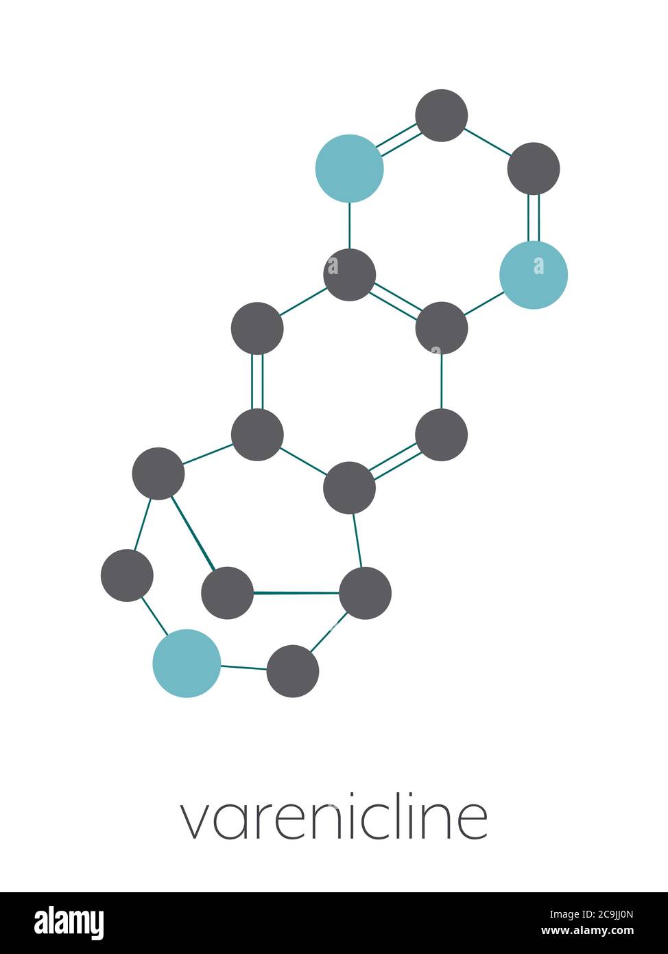 Varenicline Raucherentwöhnung Drogenmolekül. Stilisierte Skelettformel (chemische Struktur). Atome werden als farbcodierte Kreise dargestellt, die durch dünne Verbindungen verbunden sind Stockfoto