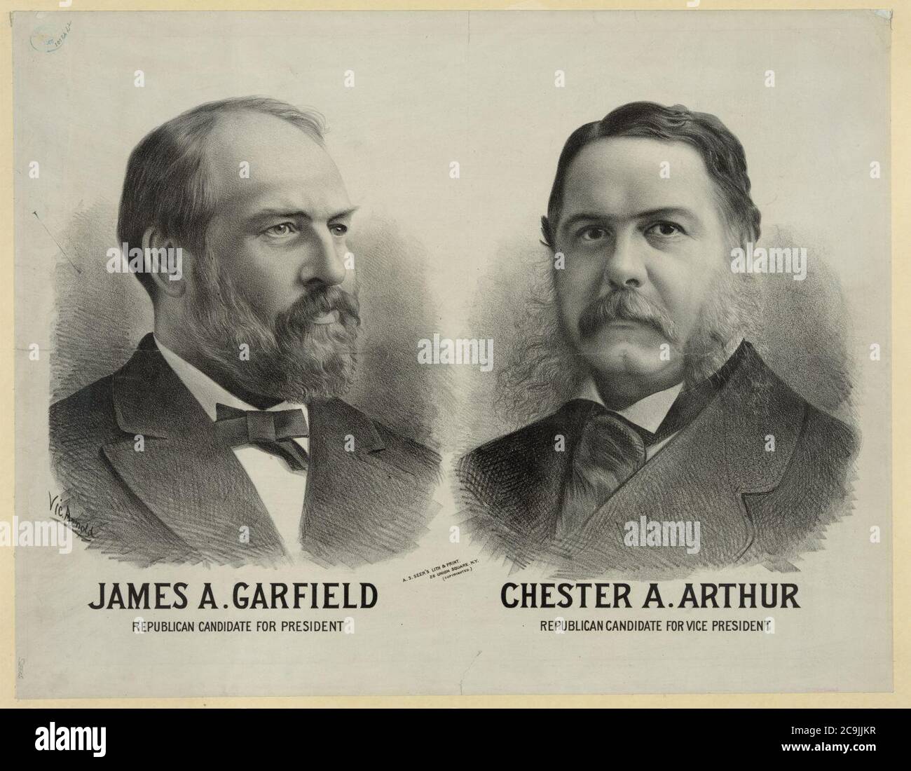 James A. Garfield republikanischer Kandidat für den Präsidenten - Chester A. Arthur republikanischer Kandidat für den Vizepräsidenten - Vic Arnold. Stockfoto