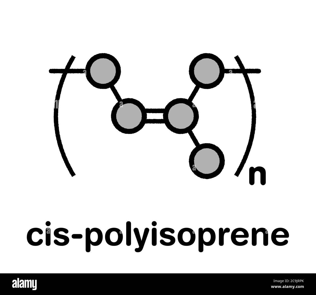 Naturkautschuk (cis-1,4-Polyisopren), chemische Struktur. Stilisierte Skelettformel: Atome werden als farbcodierte Kreise mit dicken schwarzen Umrissen dargestellt Stockfoto