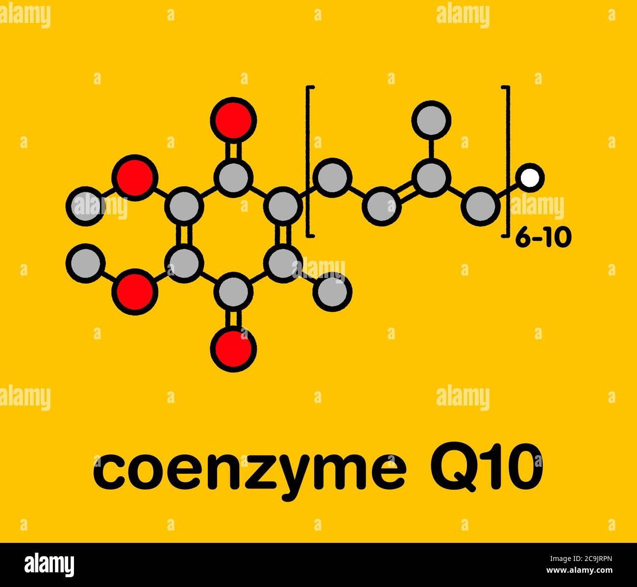 Coenzym Q10-Molekül (Ubiquinon, Ubidecarenon, CoQ10), chemische Struktur. Spielt eine wesentliche Rolle bei der Erzeugung von zellulärer Energie; hat Antiox Stockfoto