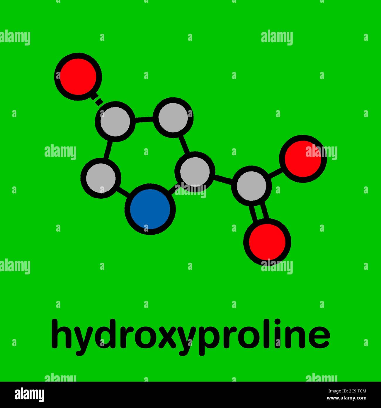 Hydroxyprolin (Hyp) Aminosäure. Wesentlicher Bestandteil von Kollagen.  Stilisierte Skelettformel (chemische Struktur). Atome werden als  farbcodierte Kreise dargestellt Stockfotografie - Alamy