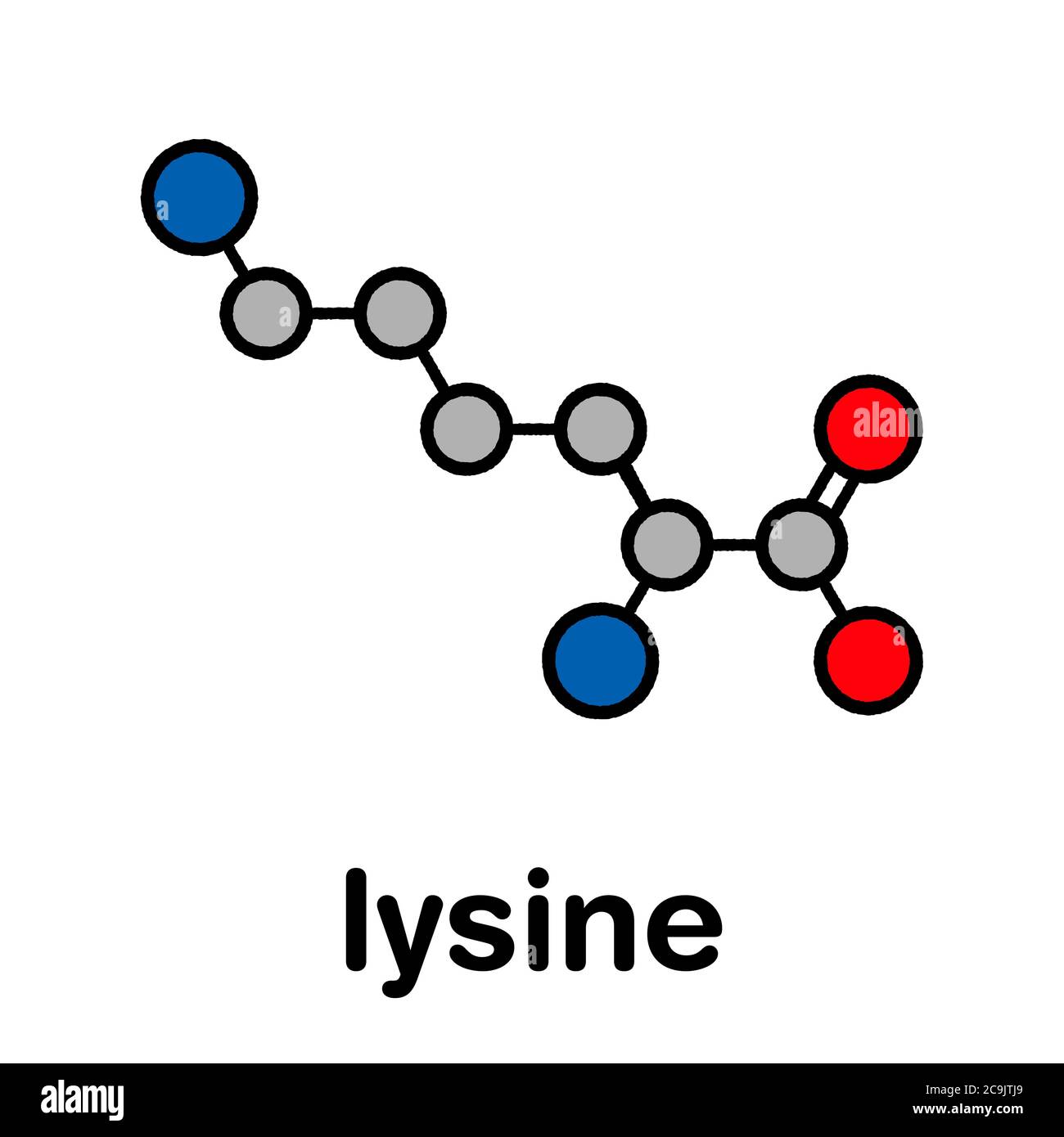Lysin (L-Lysin, Lys, K) Aminosäuremolekül. Stilisierte Skelettformel (chemische Struktur). Atome werden als farbcodierte Kreise mit dickem Schwarz dargestellt Stockfoto