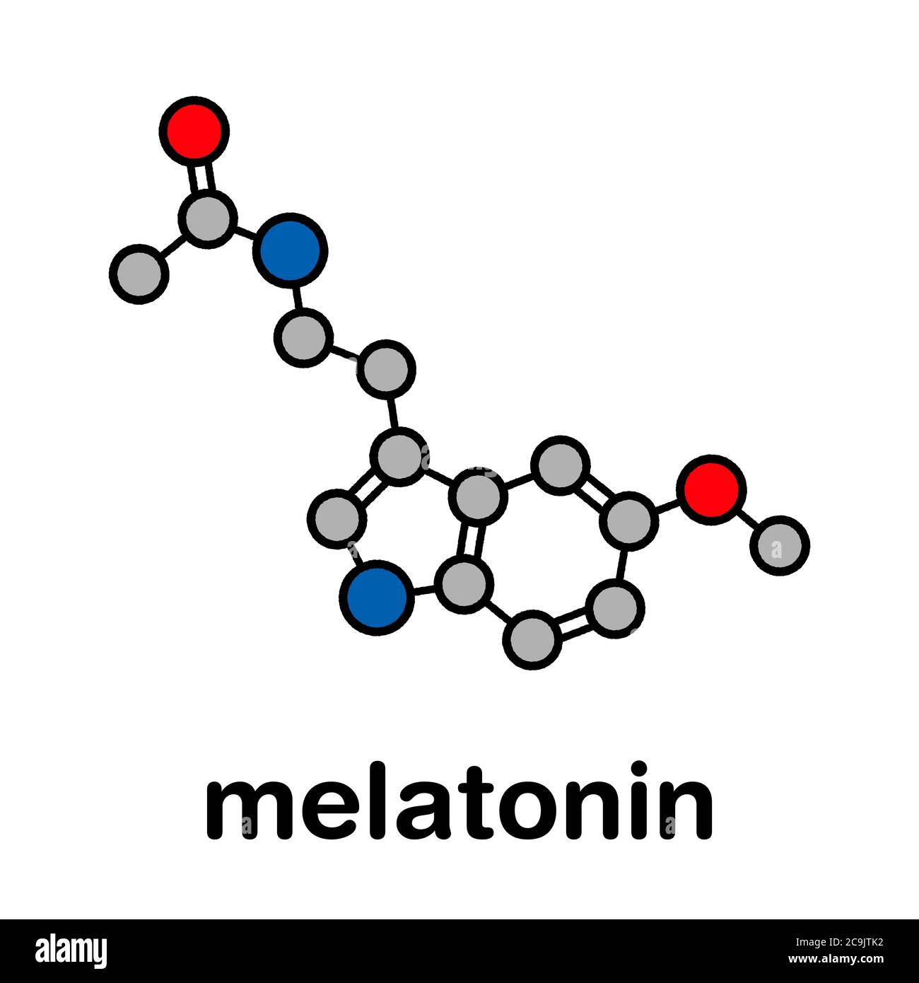 Melatonin Hormonmolekül. Beim Menschen spielt es eine Rolle bei der zirkadianen Rhythmus-Synchronisation. Stilisierte Skelettformel (chemische Struktur). Atome sind Stockfoto