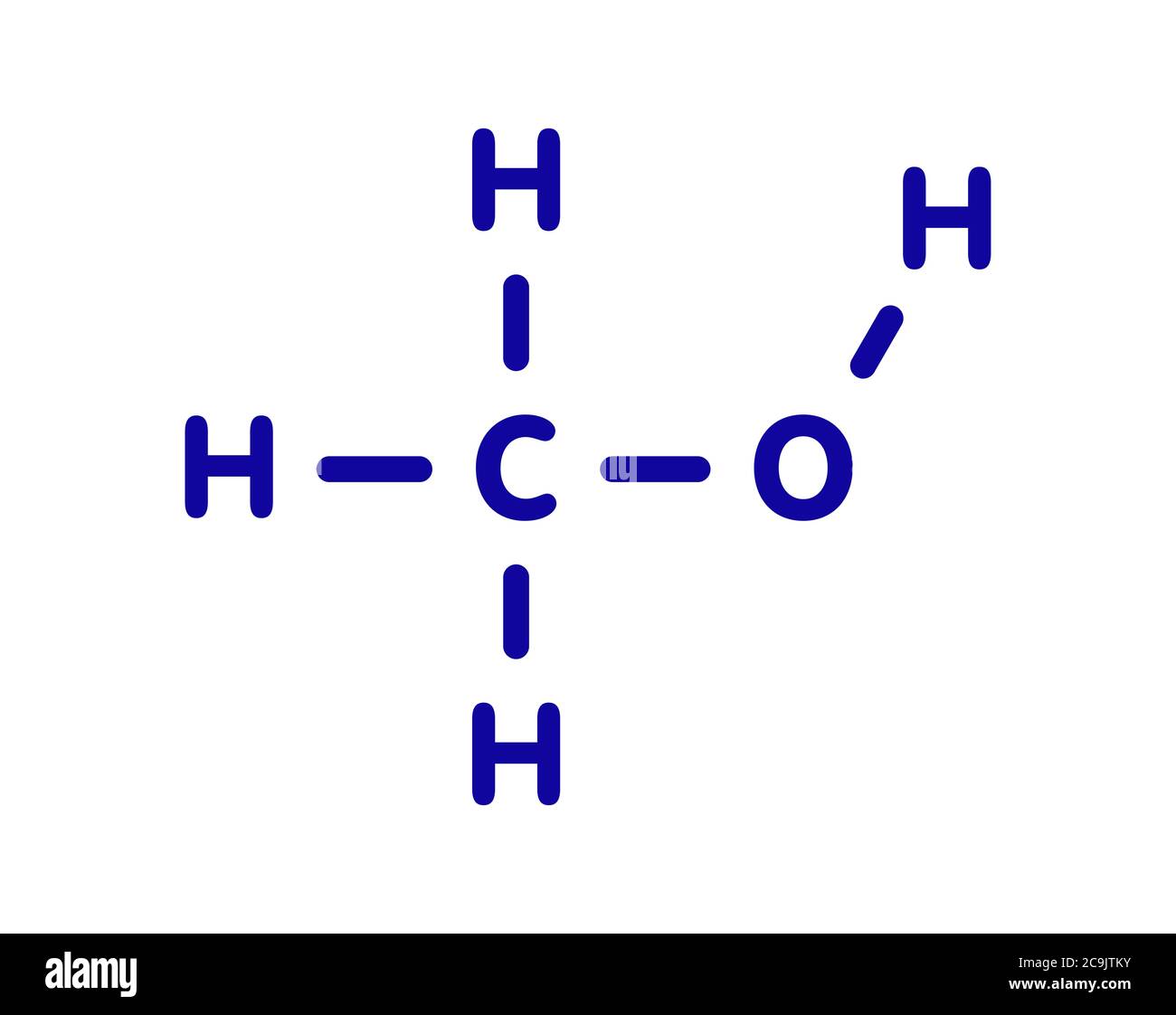 Methanol (Methylalkohol, MeOH)-Molekül. Hochgiftig. Blaue Skelettformel auf weißem Hintergrund. Stockfoto