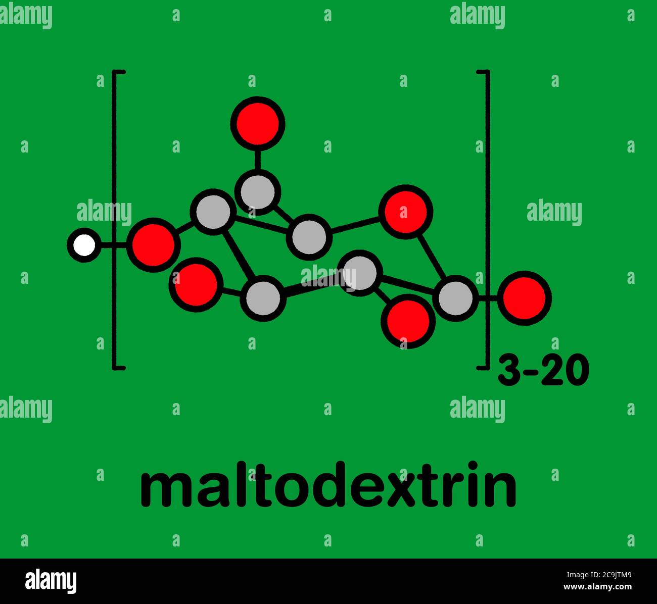 Maltodextrin Lebensmittelzusatzstoff Molekül. Stilisierte Skelettformel (chemische Struktur). Atome werden als farbcodierte Kreise mit dicken schwarzen Umrissen dargestellt Stockfoto