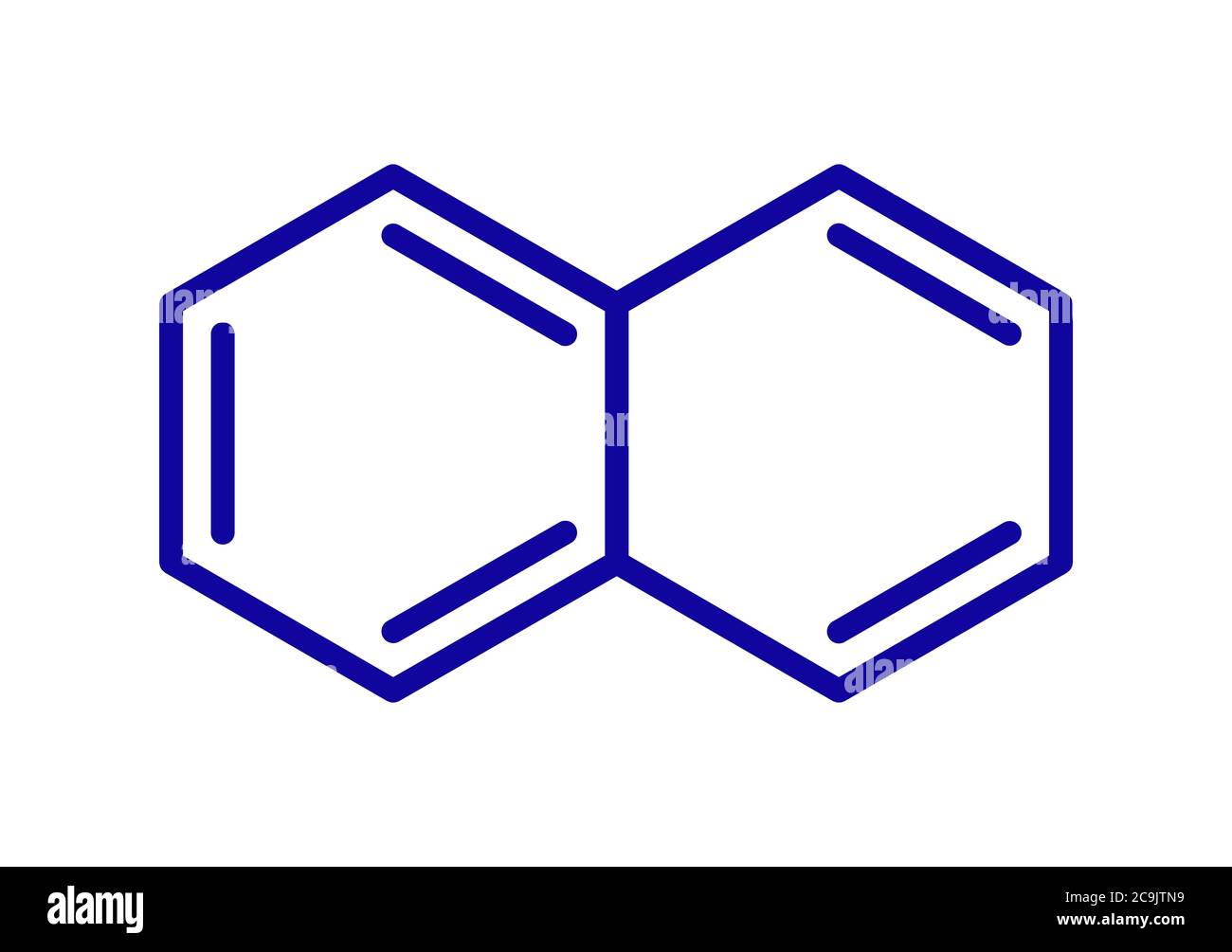 Naphthalin aromatisches Kohlenwasserstoffmolekül. Wird als Mothball-Zutat verwendet. Blaue Skelettformel auf weißem Hintergrund. Stockfoto