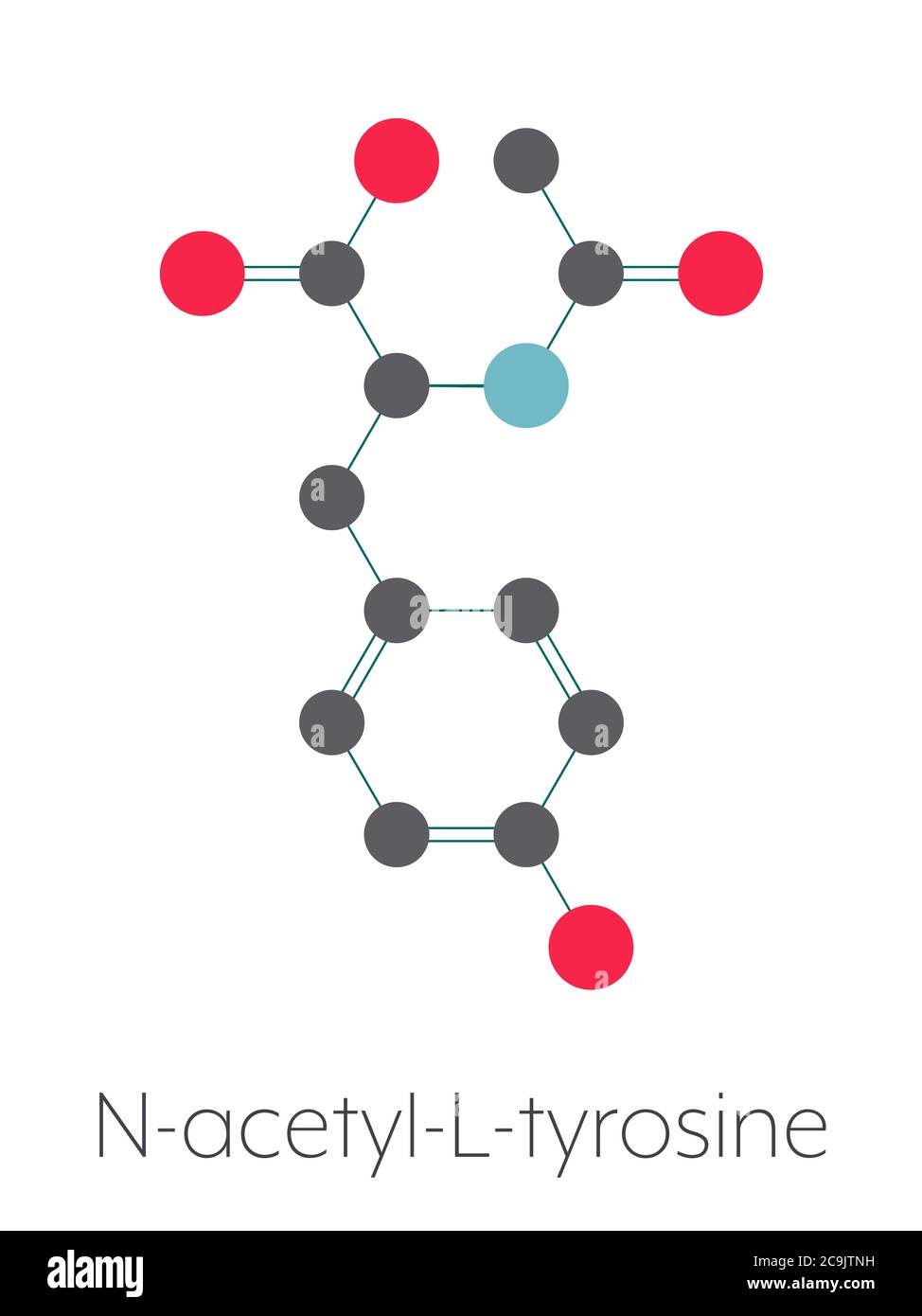N-Acetyl-Tyrosin (NALT)-Molekül. Acetylierte Form der Aminosäure Tyrosin. Stilisierte Skelettformel (chemische Struktur). Atome werden als Colo dargestellt Stockfoto