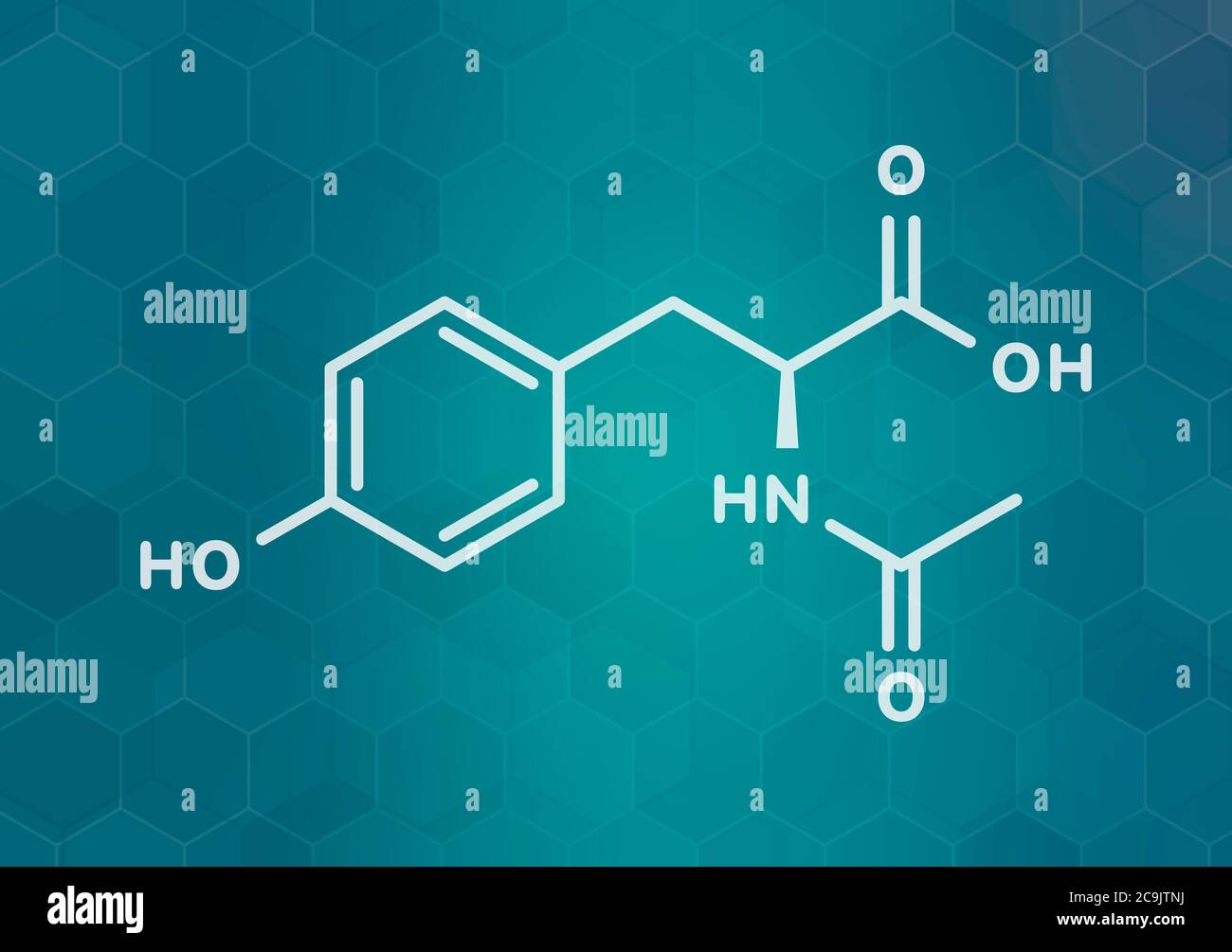 N-Acetyl-Tyrosin (NALT)-Molekül. Acetylierte Form der Aminosäure Tyrosin. Weiße Skelettformel auf dunklem blauem Gradienten-Hintergrund mit sechseckigem Stockfoto