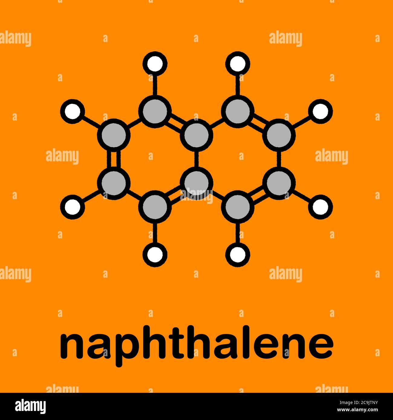 Naphthalin aromatisches Kohlenwasserstoffmolekül. Wird als Mothball-Zutat verwendet. Stilisierte Skelettformel (chemische Struktur). Atome werden farbcodiert dargestellt Stockfoto