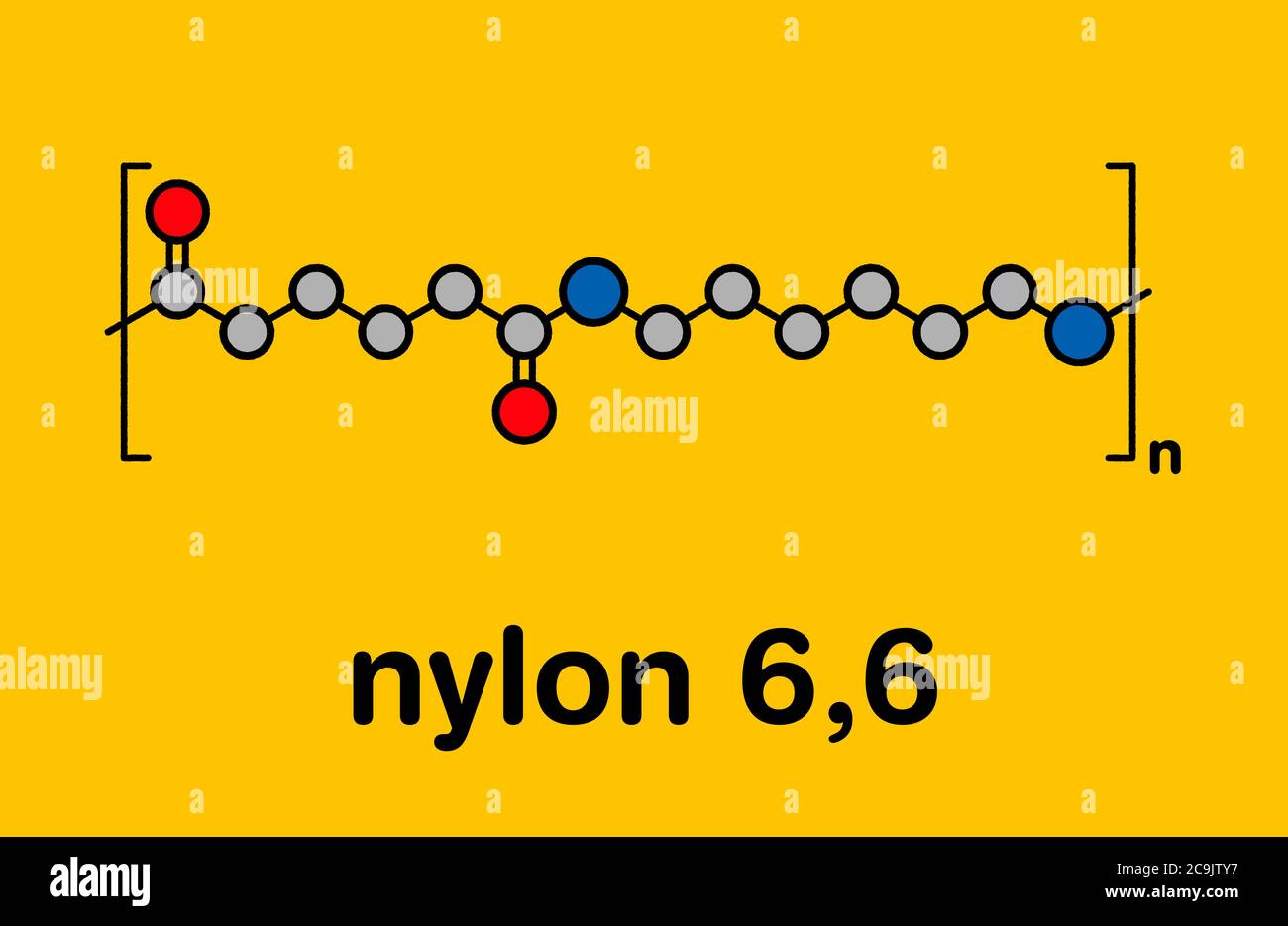 Nylon (Nylon-6,6) Kunststoff-Polymer, chemische Struktur. Stilisierte Skelettformel: Atome werden als farbcodierte Kreise mit dicken schwarzen Umrissen und dargestellt Stockfoto