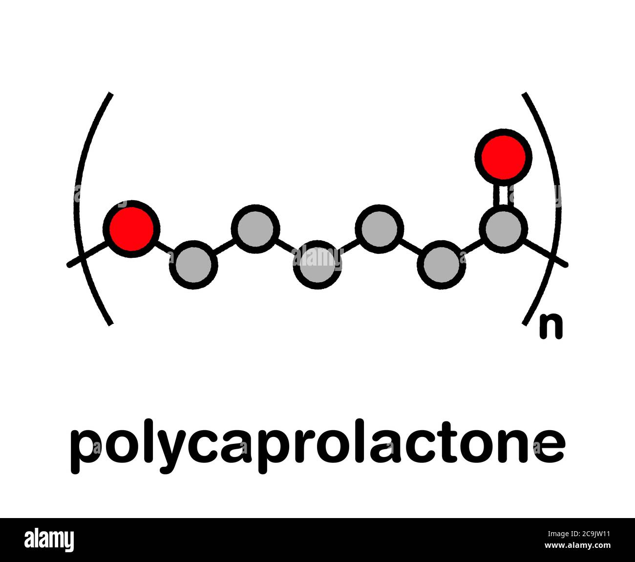 Polycaprolacton (PCL) biologisch abbaubares Polyester, chemische Struktur. Stilisierte Skelettformel: Atome werden als farbcodierte Kreise mit dickem Schwarz dargestellt Stockfoto