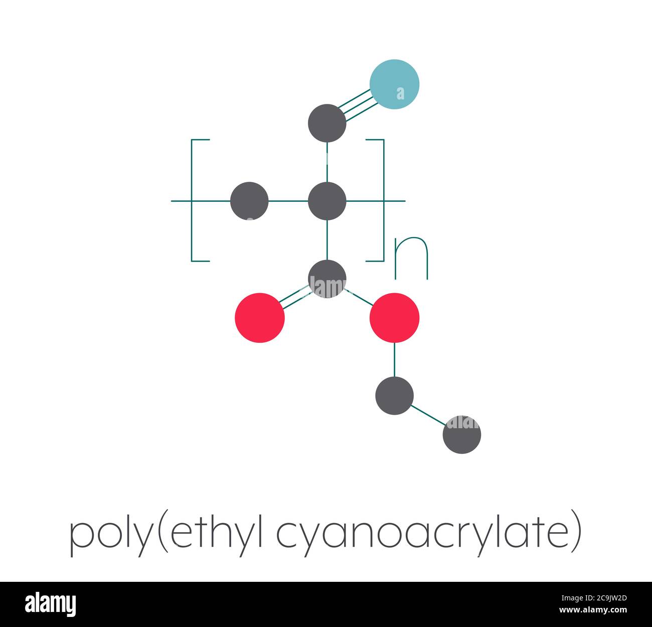 Polyethylcyanacrylat-Polymer, chemische Struktur. Polymerisierte (Set) Form von Ethyl Cyanacrylat Instant Leim. Stilisierte Skelettformel: Atome ar Stockfoto