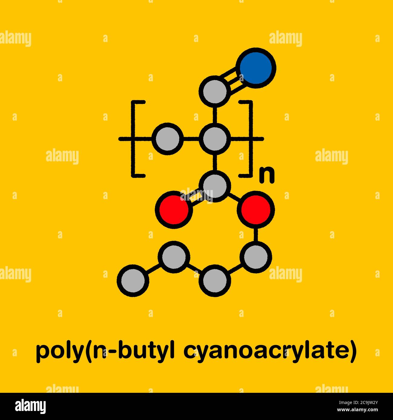 Poly(n-Butyl Cyanacrylat) Polymer, chemische Struktur. Polymerisierte (Set) Form von n-Butyl Cyanacrylat medizinischen Instant-Kleber. Stilisierte Skelettform Stockfoto