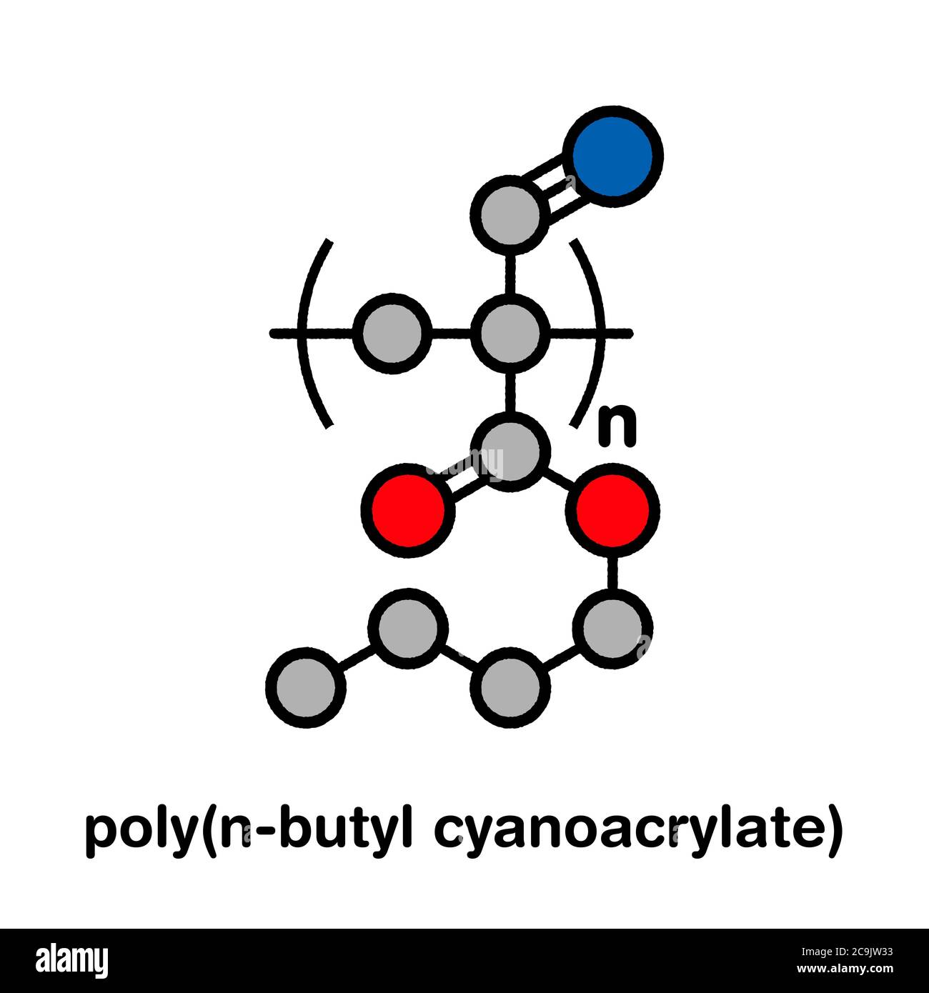 Poly(n-Butyl Cyanacrylat) Polymer, chemische Struktur. Polymerisierte (Set) Form von n-Butyl Cyanacrylat medizinischen Instant-Kleber. Stilisierte Skelettform Stockfoto