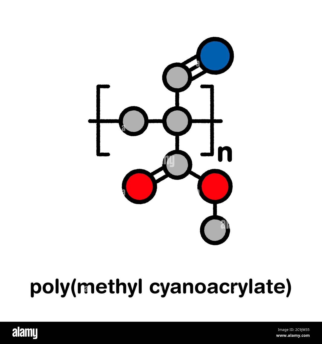 Polypolymerisat (Methyl-Cyanacrylat), chemische Struktur. Polymerisierte (Set-)Form von Methylcyanacrylat-Sofortkleber. Stilisierte Skelettformel: Atome Stockfoto