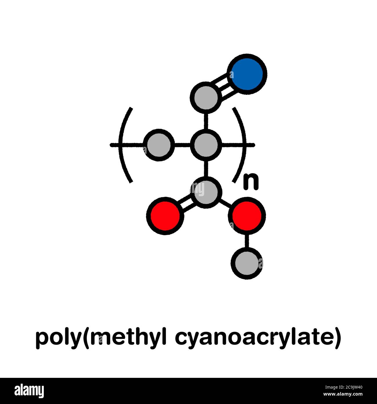 Polypolymerisat (Methyl-Cyanacrylat), chemische Struktur. Polymerisierte (Set-)Form von Methylcyanacrylat-Sofortkleber. Stilisierte Skelettformel: Atome Stockfoto