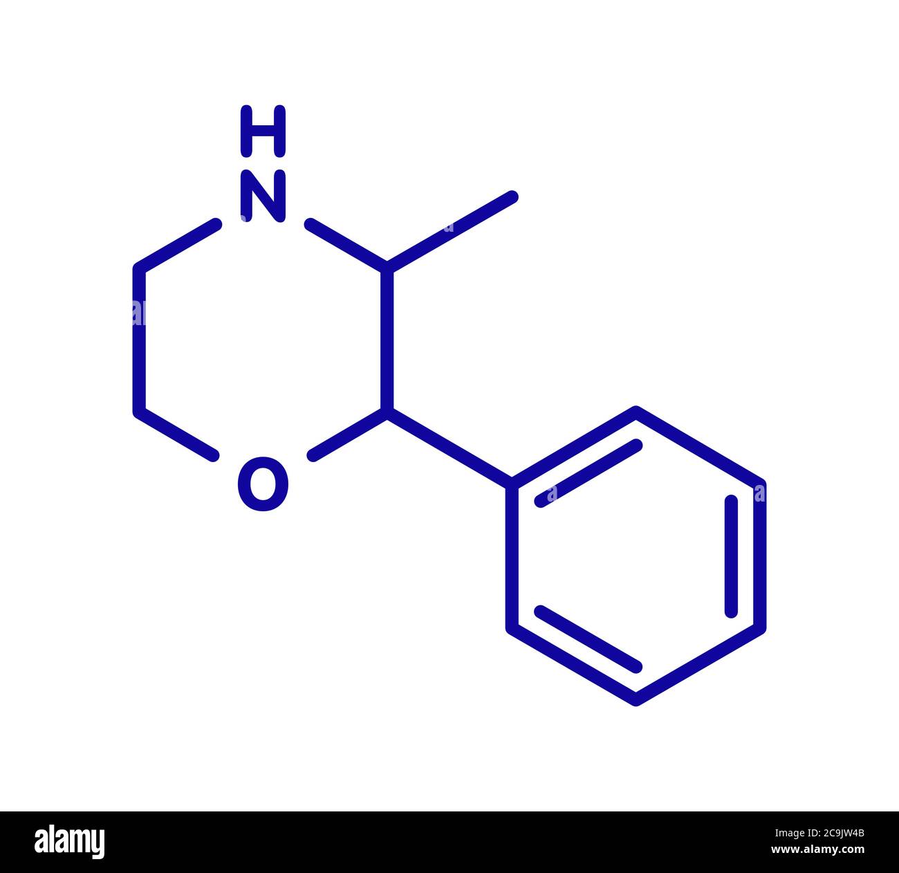 Phenmetrazin Stimulans-Wirkstoffmolekül (Amphetamin-Klasse). Verwendet als Stimulans und Appetitzügler. Blaue Skelettformel auf weißem Hintergrund. Stockfoto