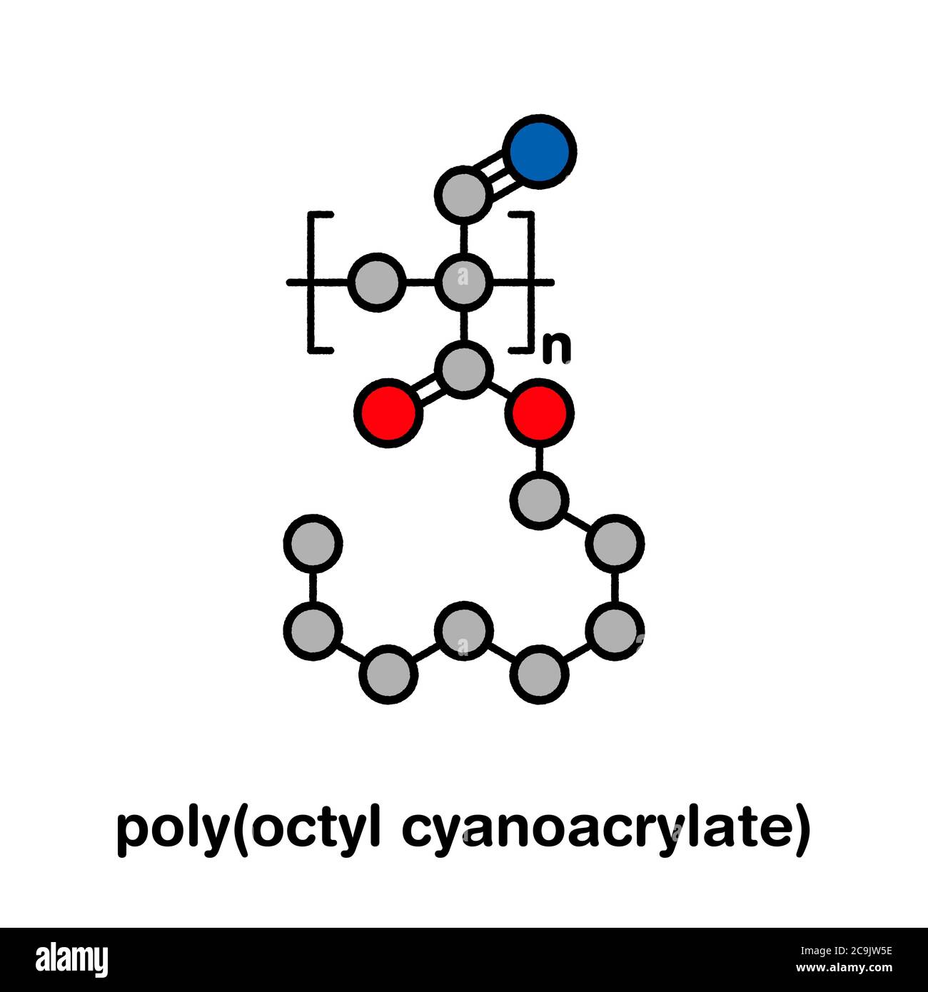 Polyoctyl Cyanacrylat-Polymer, chemische Struktur. Polymerisierte (Set) Form von Octyl Cyanacrylat Instant Leim. Stilisierte Skelettformel: Atome ar Stockfoto