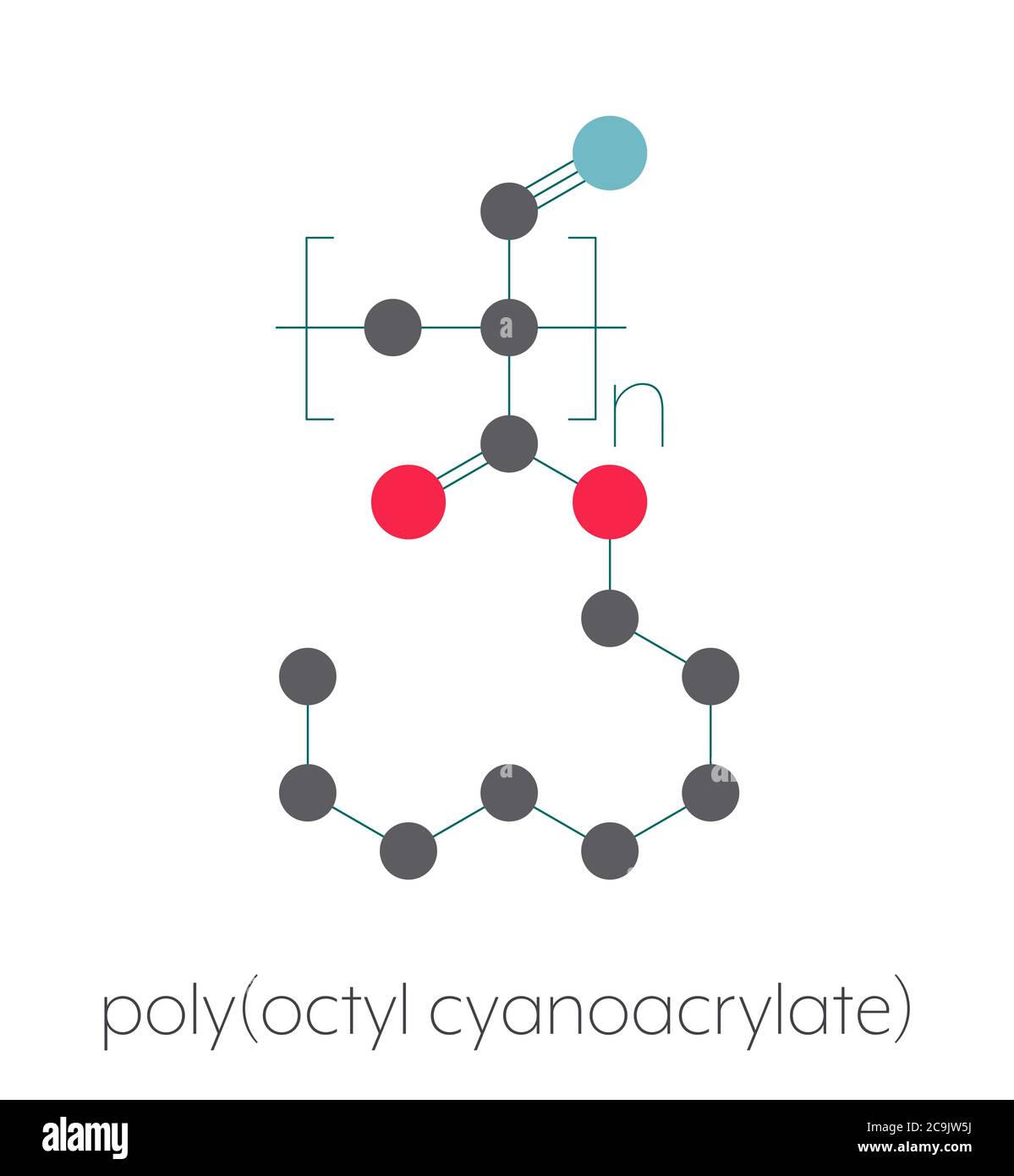 Polyoctyl Cyanacrylat-Polymer, chemische Struktur. Polymerisierte (Set) Form von Octyl Cyanacrylat Instant Leim. Stilisierte Skelettformel: Atome ar Stockfoto