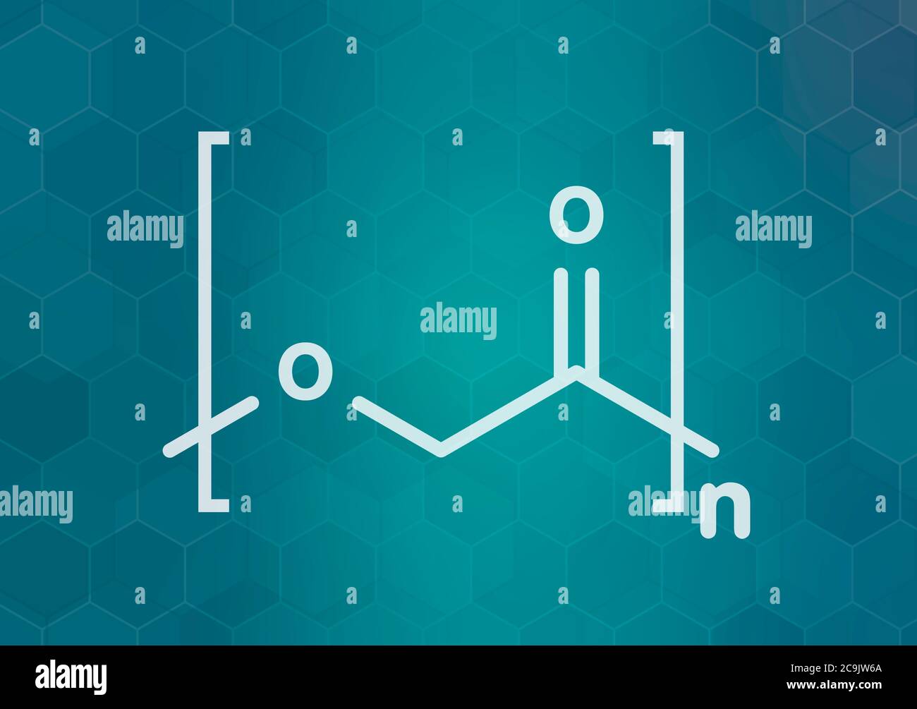 Polyglykolid (PGA) biologisch abbaubares Polymer. Wird in resorbierbaren Nähten verwendet. Weiße Skelettformel auf dunklem blauem Gradienten-Hintergrund mit sechseckigem Muster. Stockfoto