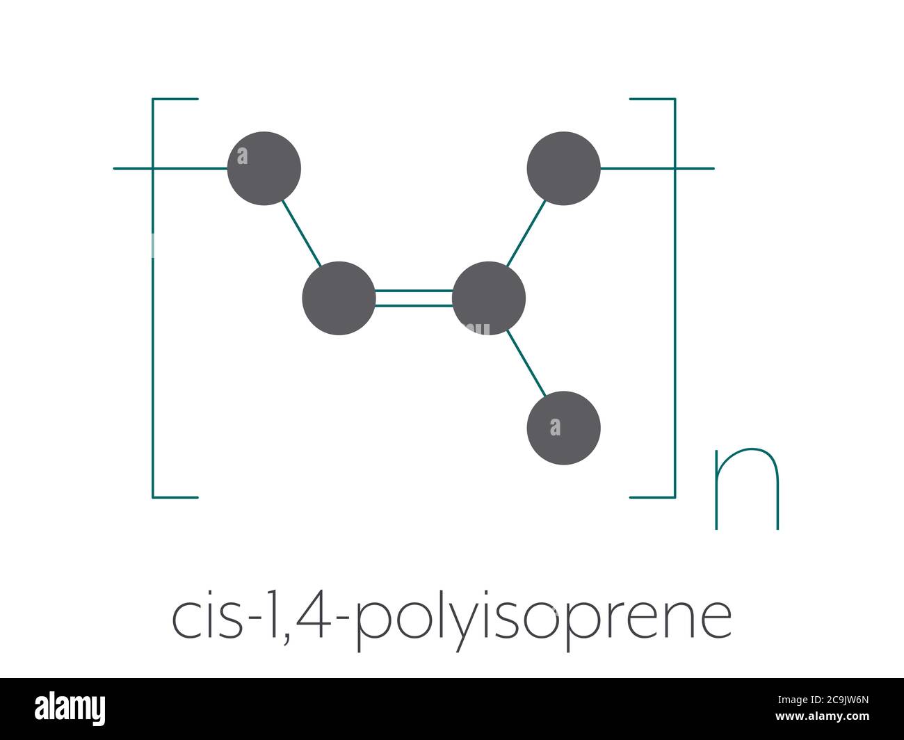 Naturkautschuk (cis-1,4-Polyisopren), chemische Struktur. Stilisierte Skelettformel: Atome werden als farbcodierte Kreise dargestellt, die durch dünne Bindungen verbunden sind, Stockfoto