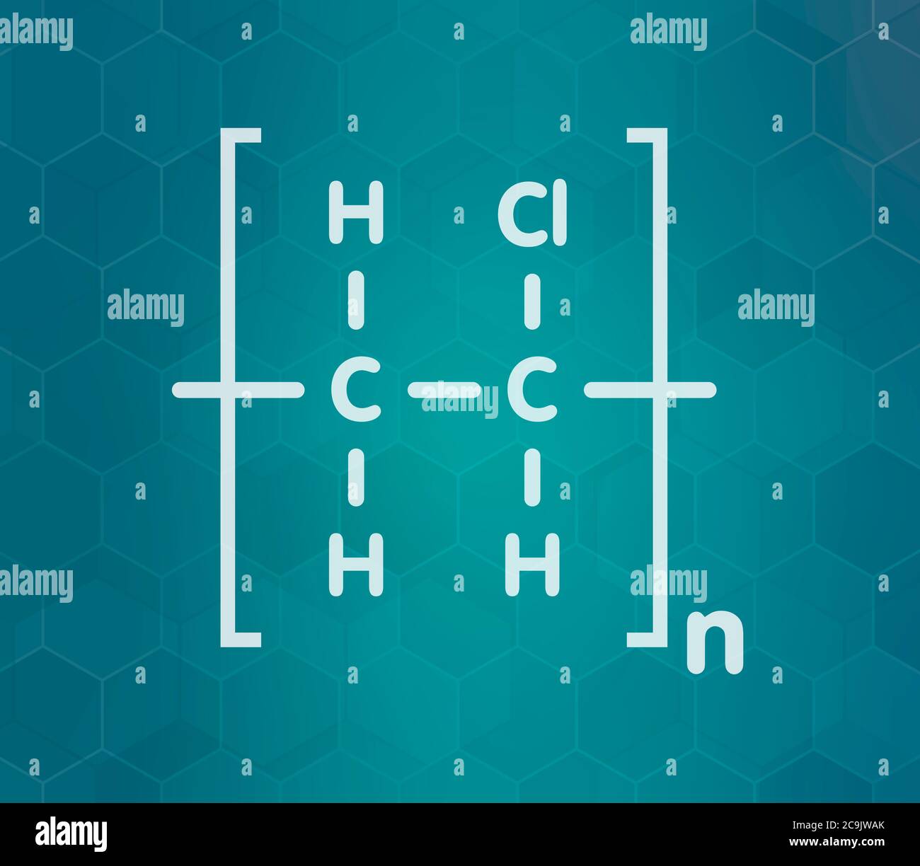 Polyvinylchlorid-Kunststoff (PVC), chemische Struktur. Verwendet bei der Herstellung von Rohren, Fensterrahmen, elektrische Kabelisolierung, Vinyl-Platten, etc. Whi Stockfoto