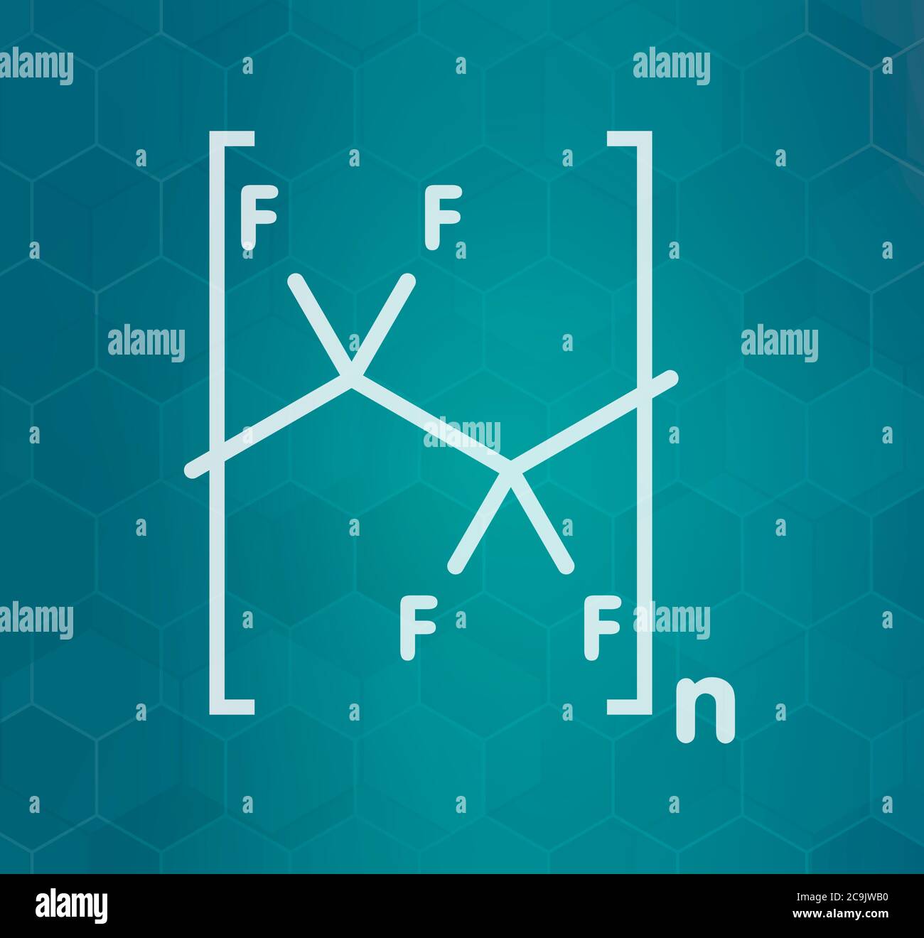 Polytetrafluorethylen (PTFE) Polymer, chemische Struktur. Wird als Schmiermittel und in antihaftbeschichtetes Kochgeschirr verwendet. Weiße Skelettformel auf dunklem blauem Gradienten Stockfoto