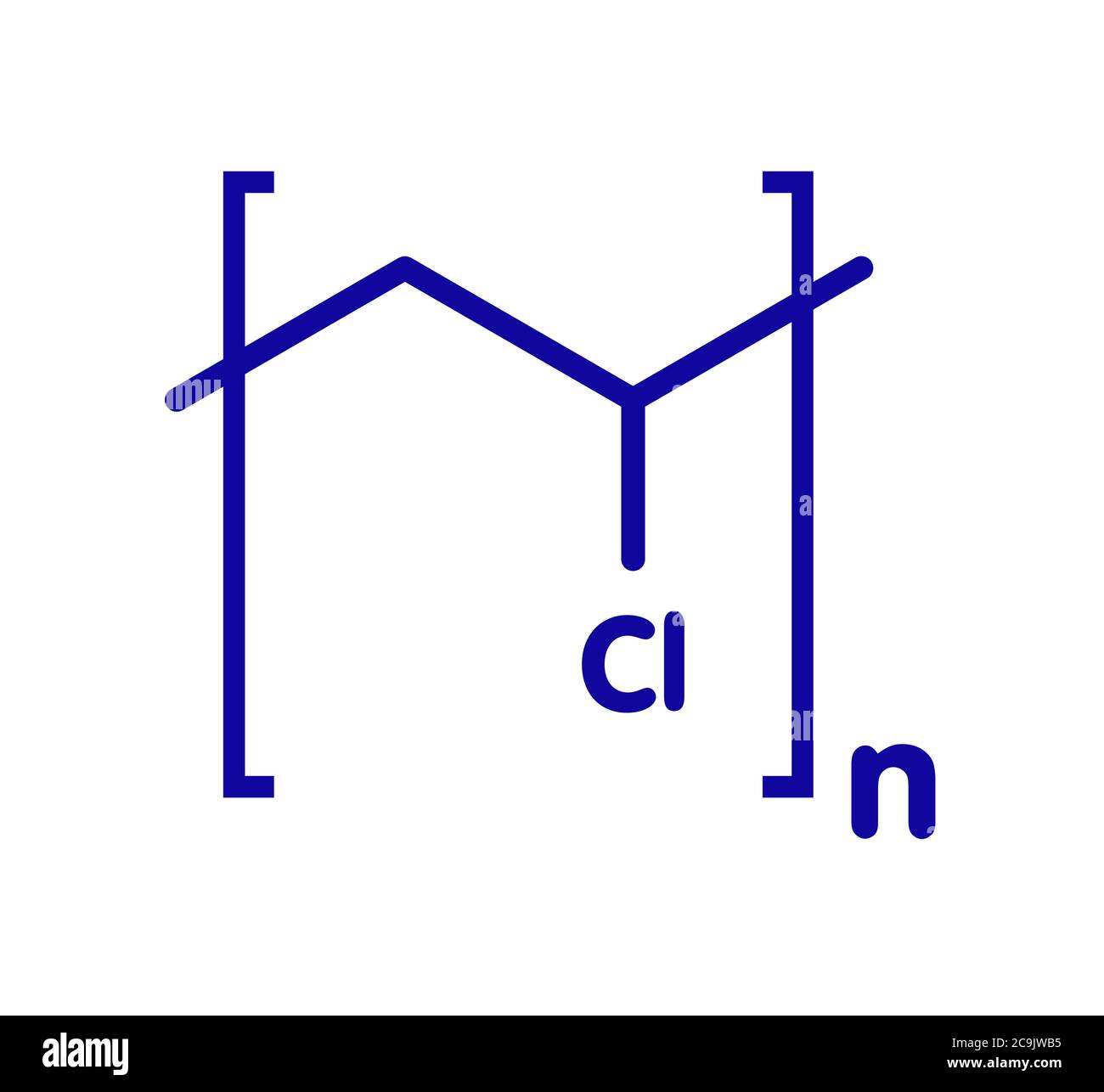 Polyvinylchlorid-Kunststoff (PVC), chemische Struktur. Verwendet bei der Herstellung von Rohren, Fensterrahmen, elektrische Kabelisolierung, Vinyl-Schallplatten, etc. Blu Stockfoto