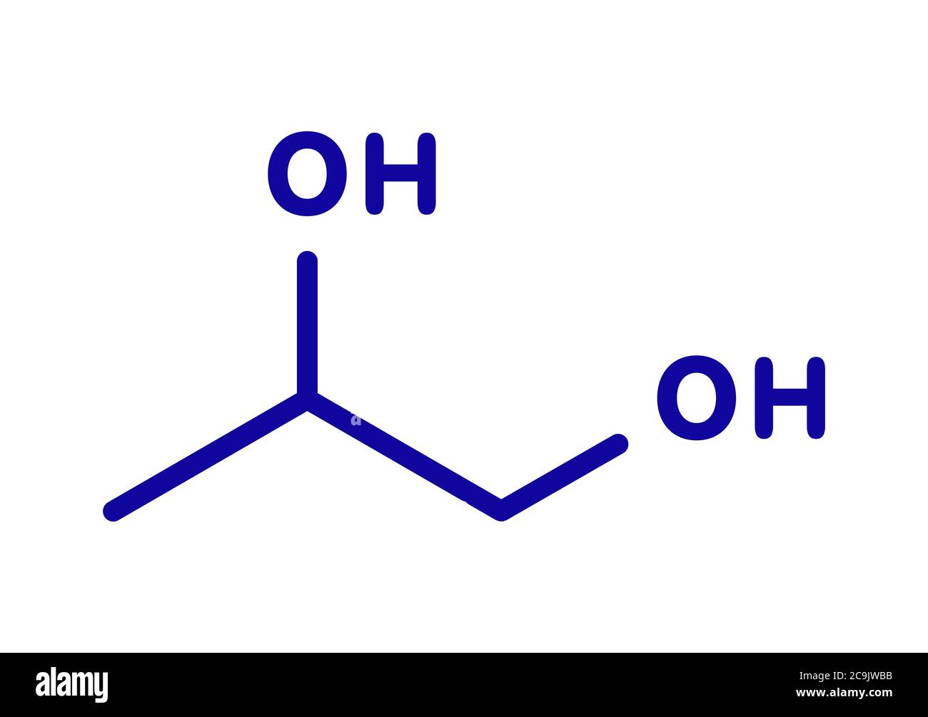 Propylenglykol (1,2-Propandiol)-Molekül. Verwendet als Lösungsmittel in pharmazeutischen Medikamenten, als Lebensmittelzusatzstoff, in Enteisungslösungen, etc. Blue Skeletal formu Stockfoto