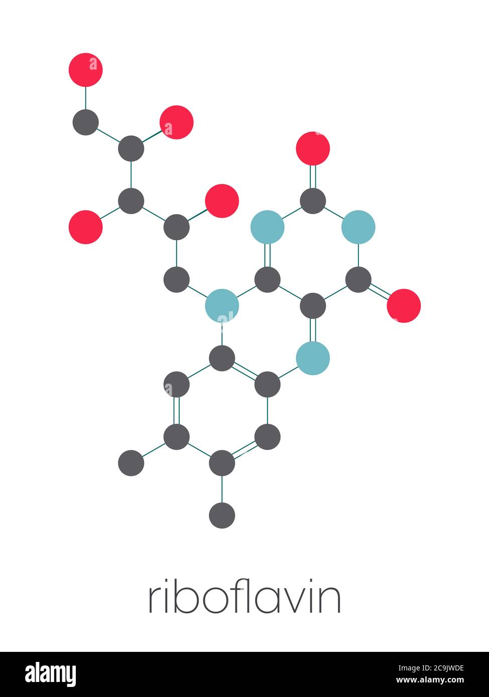 Vitamin B2 (Riboflavin) Molekül. Stilisierte Skelettformel (chemische Struktur). Atome werden als farbcodierte Kreise dargestellt, die durch dünne Bindungen verbunden sind, auf einem Stockfoto