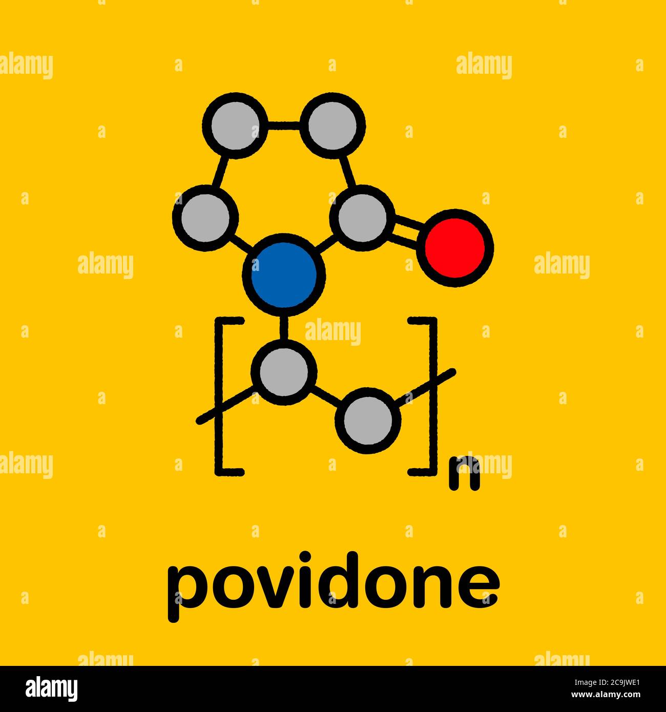 Polyvinylpyrrolidon (PVP, Povidon, Polyvidon) Polymer, chemische Struktur. Stilisierte Skelettformel: Atome werden als farbcodierte Kreise mit t dargestellt Stockfoto