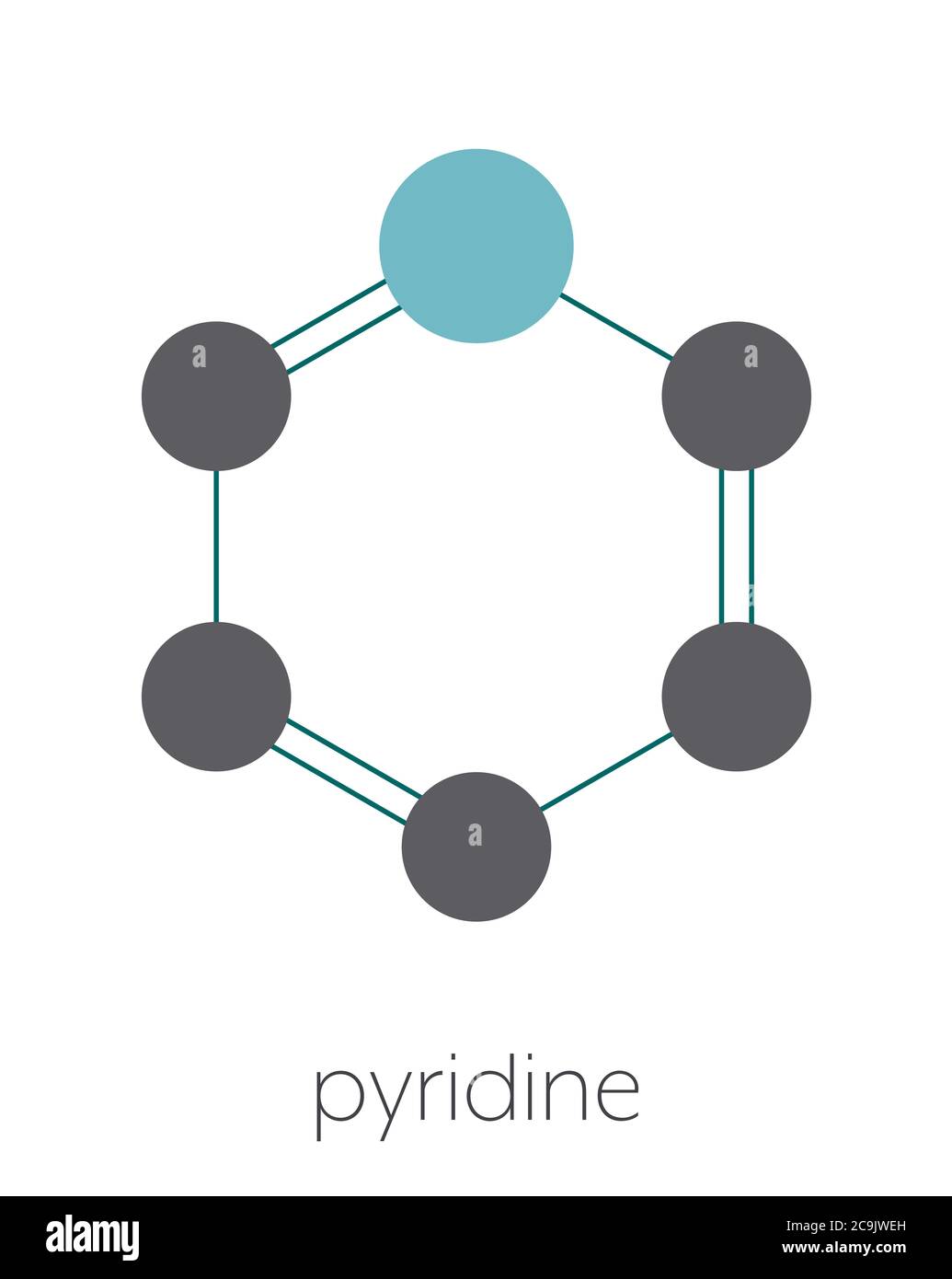 Chemisches Pyridin-Lösungsmittel und Reagenzienmolekül. Stilisierte Skelettformel (chemische Struktur). Atome werden als farbcodierte Kreise dargestellt, die durch Th verbunden sind Stockfoto