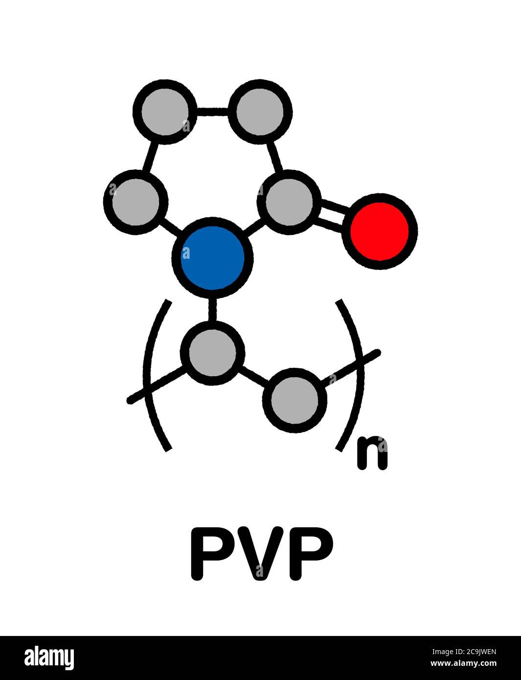 Polyvinylpyrrolidon (PVP, Povidon, Polyvidon) Polymer, chemische Struktur. Stilisierte Skelettformel: Atome werden als farbcodierte Kreise mit t dargestellt Stockfoto