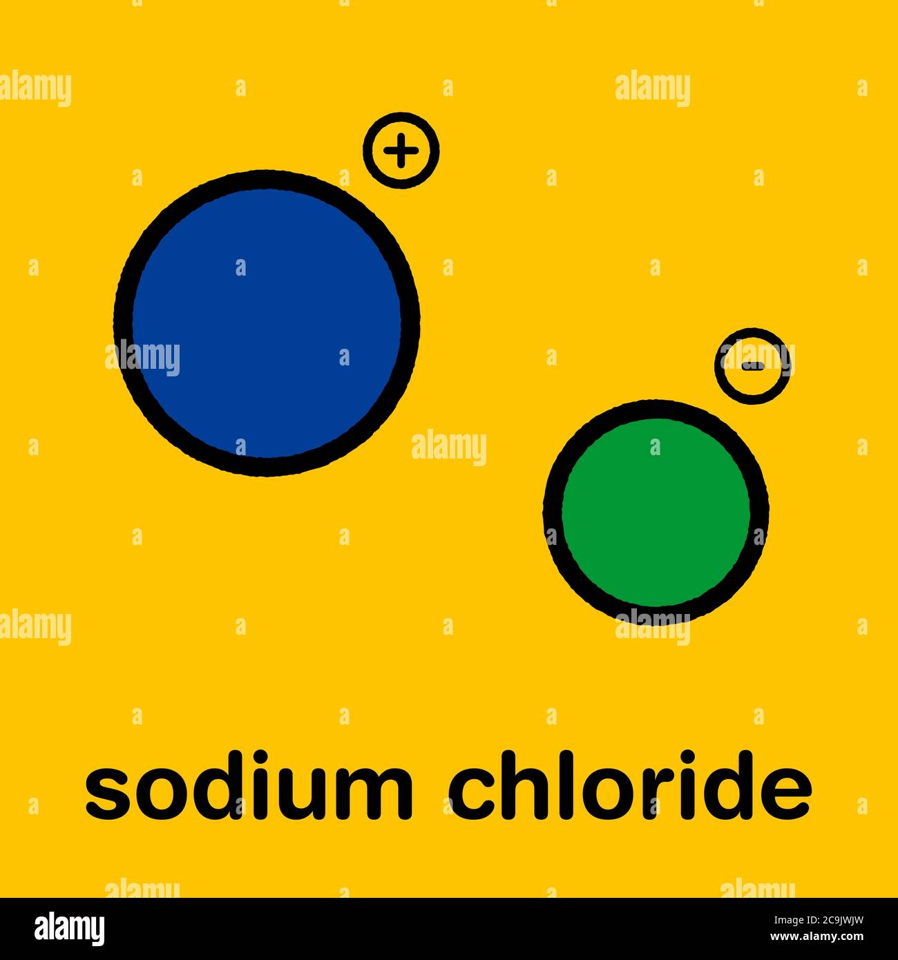 Natriumchlorid (Kochsalz), chemische Struktur. Stilisierte Skelettformel (chemische Struktur): Atome werden als farbcodierte Kreise mit dickem BL dargestellt Stockfoto