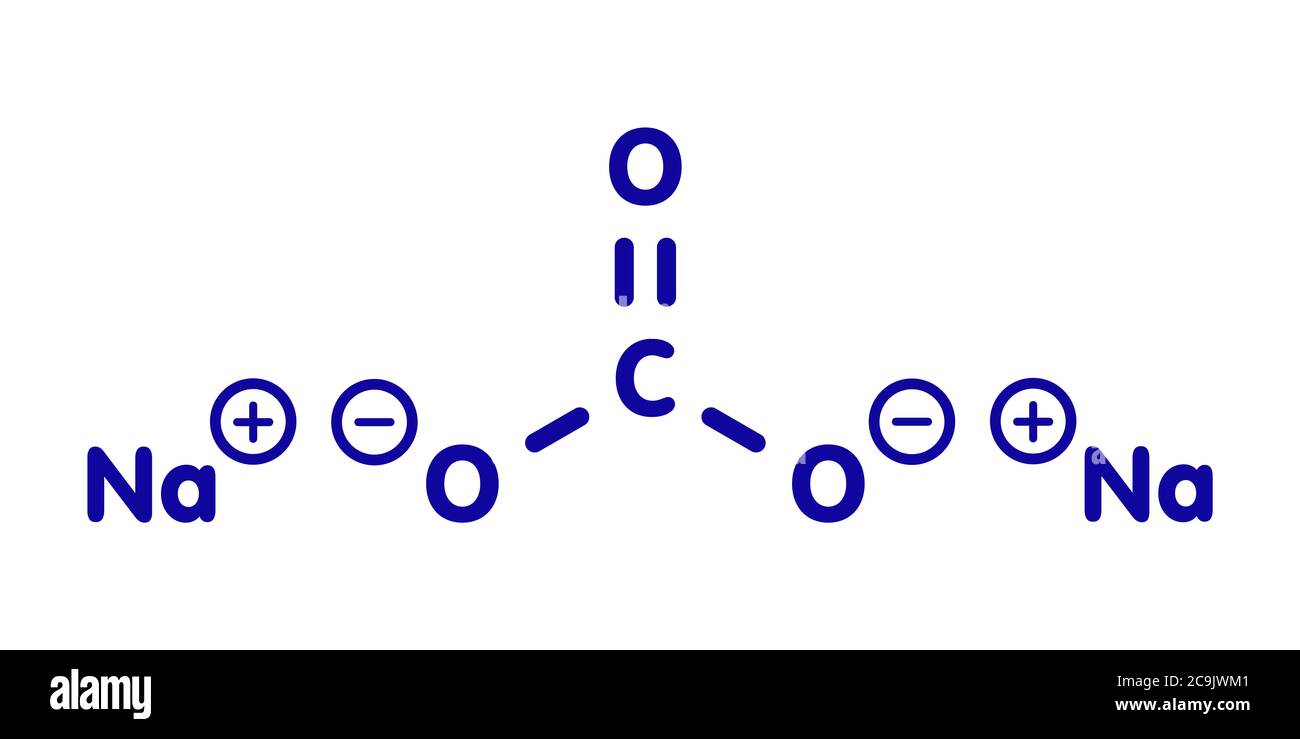 Natriumcarbonat Salz (Waschsoda, Sodakristalle), chemische Struktur. Blaue Skelettformel auf weißem Hintergrund. Stockfoto