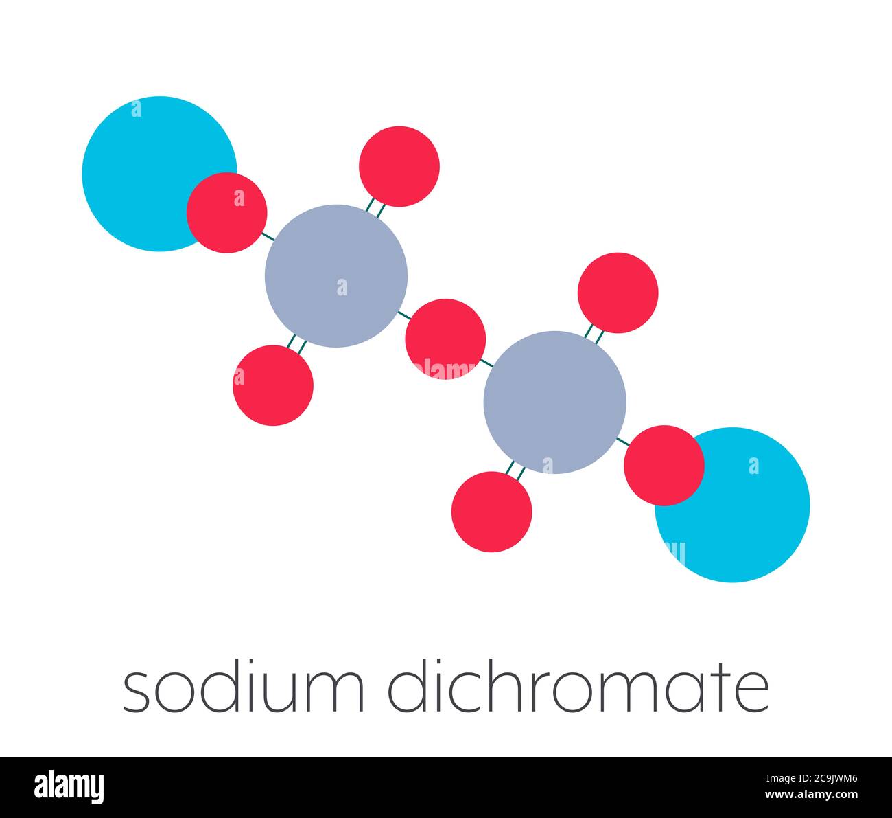 Natriumdichromat, chemische Struktur. Stilisierte Skelettformel (chemische Struktur): Atome werden als farbcodierte Kreise dargestellt, die durch dünne Bindungen verbunden sind, Stockfoto