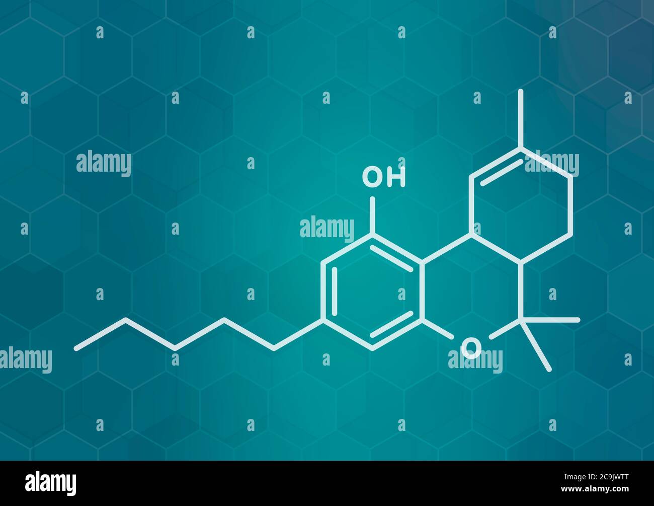 THC (Delta-9-Tetrahydrocannabinol, Dronabinol) Cannabisdrogenmolekül. Weiße Skelettformel auf dunklem blauem Gradienten-Hintergrund mit sechseckigem Muster. Stockfoto
