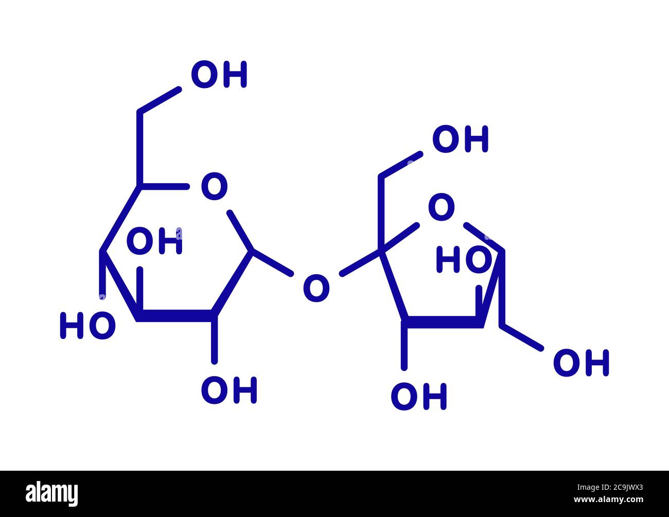 Saccharose-Zucker-Molekül. Auch bekannt als Tafelzucker, Rohrzucker oder Rübenzucker. Blaue Skelettformel auf weißem Hintergrund. Stockfoto
