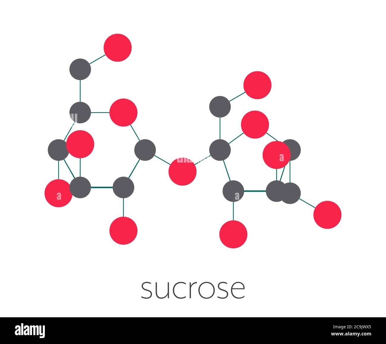 Saccharose-Zucker-Molekül. Auch bekannt als Tafelzucker, Rohrzucker oder Rübenzucker. Stilisierte Skelettformel (chemische Struktur). Atome werden als Farb- Stockfoto