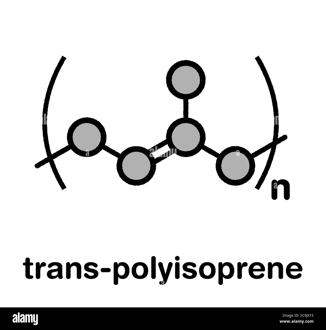 Trans-1,4-Polyisopren-Polymer, chemische Struktur. Hauptbestandteil von Guttapercha. Stilisierte Skelettformel: Atome werden als farbcodierte Kreise dargestellt Stockfoto