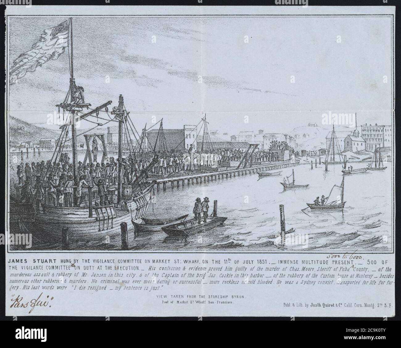 James Stuart hing am 11. Juli 1851 durch das Wachkommitee auf Market St. Wharf ; immense Menge anwesend - 500 des Wachkommitees im Dienst bei der Hinrichtung - - Publ. Und Stockfoto