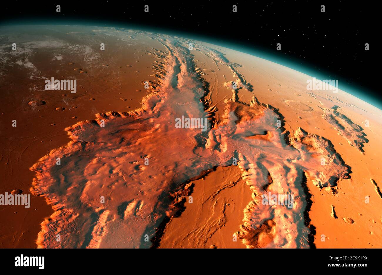 Abbildung einer schrägen Ansicht des riesigen Valles Marineris Canyonsystems auf dem Mars. Die Valles Marineris ist über 3000 Kilometer lang und bis zu 8 Kilometer lang Stockfoto