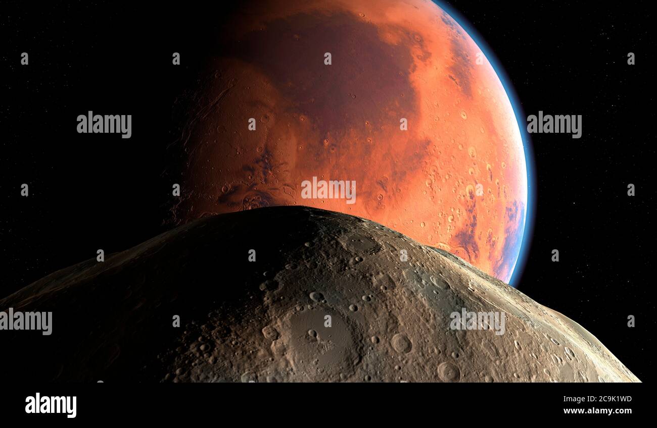Abbildung des Mars, des zweitkleinsten Planeten im Sonnensystem (nach Merkur). Sein innerster Mond, Phobos, ist im Vordergrund zu sehen. Stockfoto