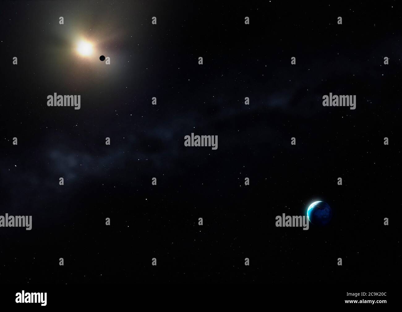 Illustration der Erde, des Mondes und der Sonne aus der Ferne, die die Kleinheit unseres Planeten betont. Stockfoto